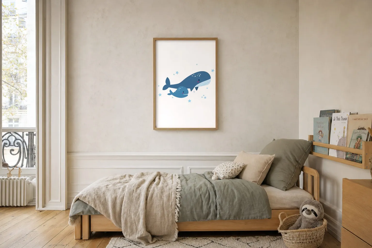 Affiche baleine encadrée au-dessus d'un lit d'enfant en bois clair