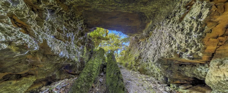 Des rochers et des arbres recouverts de mousse encadrent l'ouverture d'une grotte baignée de lumière en Bretagne, en France.
