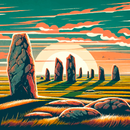 Des pierres dressées ressemblant à Stonehenge au coucher du soleil, de longues ombres projetées sur un champ herbeux.