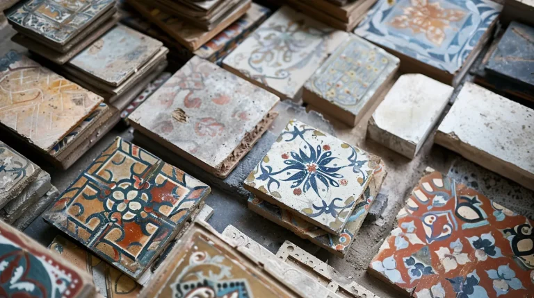 Piles de carreaux de ciment recyclés aux motifs et couleurs variés. Parfaits pour vos projets de décoration d'intérieur DIY.