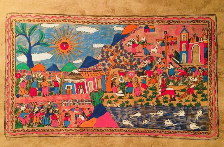 Peinture Amate vibrante représentant une scène de village animée, mettant en valeur l'art populaire mexicain traditionnel.