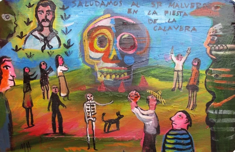 Peinture de retable mexicaine vibrante représentant un crâne, des personnages célébrant Dia de los Muertos et la phrase "Saludamos al St. Malver en la Fiesta de la Calavera.