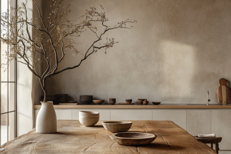 Table en bois rustique avec bols wabi sabi et branches séchées. Cuisine minimaliste.