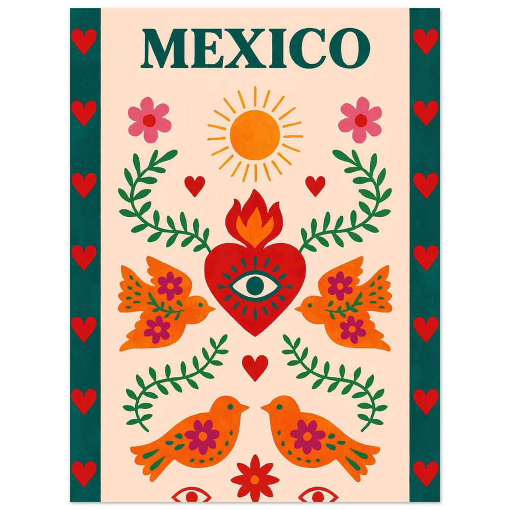 Affiche Cœur Sacré et Oiseaux – Art Mexicain