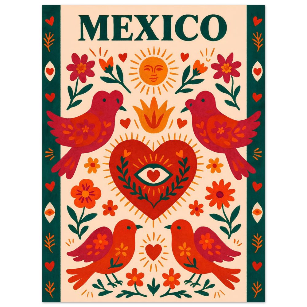 Affiche Folk Art Mexicain – Cœur Sacré & Oiseaux