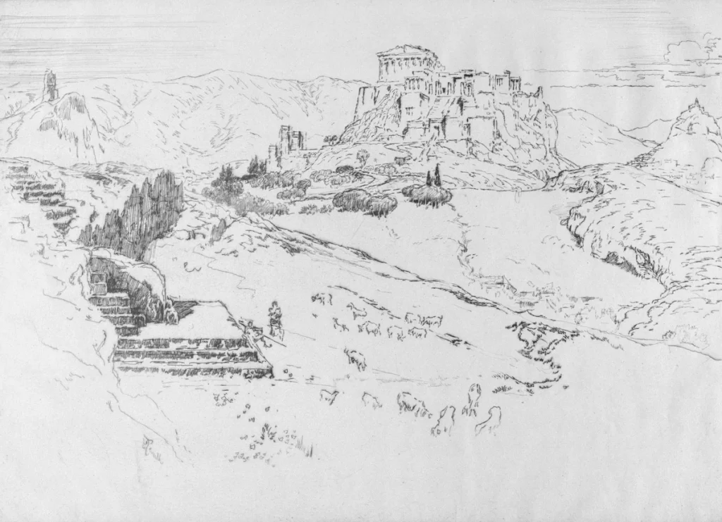 Croquis d'une Acropole antique et de son paysage, inspirant le dessin de paysage.