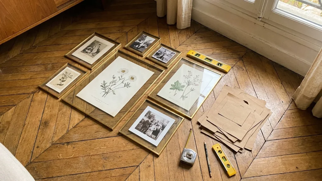 Cadres en laiton et verre, outils de mesure sur parquet en bois