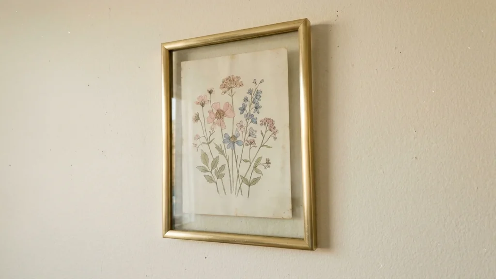 Cadre en laiton doré avec une aquarelle de fleurs sauvages